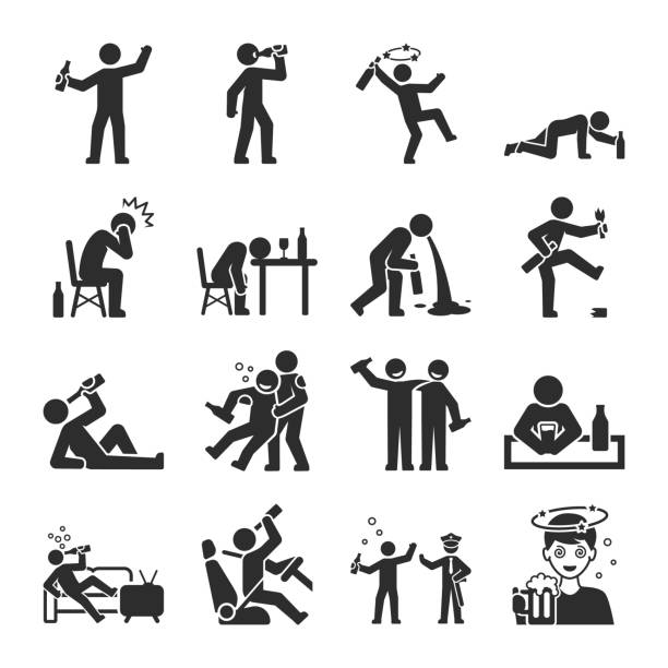 Human drinks alcohol, people icons set. Excessive consumption of alcoholic beverage. Man got drunk. Bad behavior of drunken people. Vector black and white icon, isolated symbol Human drinks alcohol, people icons set. Excessive consumption of alcoholic beverage. Man got drunk. Bad behavior of drunken people. Vector black and white icon, isolated symbol collection drunk stock illustrations