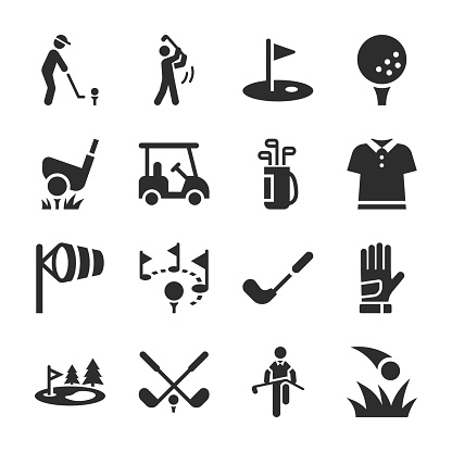 Golf icons set. Game of golf on the course. clubs hit balls into holes. Equipment and rules. Monochrome black and white icon, isolated symbol