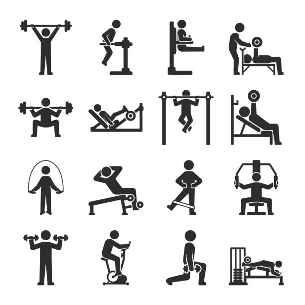 Fitness exercises icons set. People do physical exercises at the gym. Various fitness equipment, different muscle groups. Vector black and white icon Fitness exercises icons set. People do physical exercises at the gym. Various fitness equipment, different muscle groups. Vector black and white icon, isolated symbol gym workout silhouettes stock illustrations