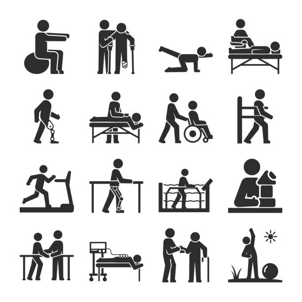 재활, 물리 치료, 사람 아이콘 설정. 부상 후 신체 복원. 사람들은 운동과 물리 치료 절차를합니다. 클리닉에서의 치료. 벡터 흑백 아이콘 - silhouette interface icons wheelchair icon set stock illustrations