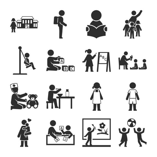 kindergarten, elementary school, people icons set. children learn and have fun in the educational institution. activities for children. vector black and white icon - 幼稚園 幅插畫檔、美工圖案、卡通及圖標