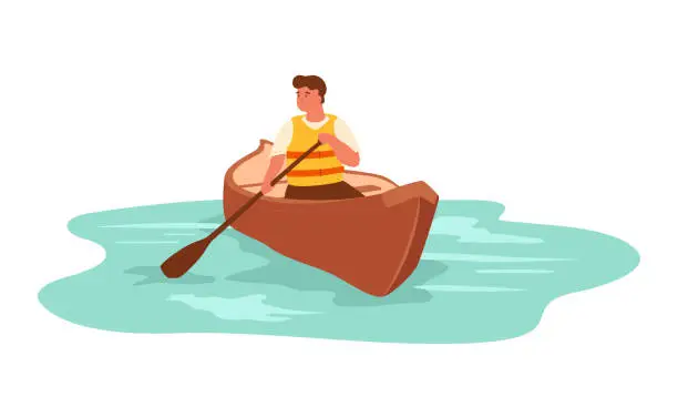 Vector illustration of Man rafting in canoe on lake in life jacket. Isolated cartoon male sitting in boat, holding paddle and enjoying summer adventure.