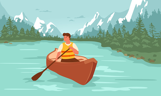 Cartoon male sitting in boat, holding paddle and enjoying summer adventure. Vector illustration. Beautiful scenery