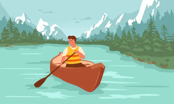 Vector illustration of Man rafting in canoe on lake, snowy mountains and coniferous forest on background.