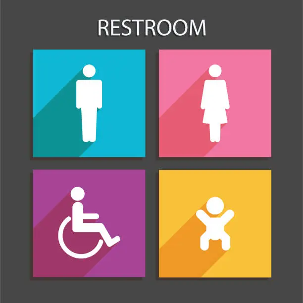 Vector illustration of Vector application Restroom Icons set: man, woman, wheelchair person symbol and baby  in flat style