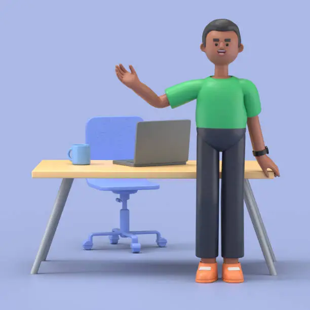 Photo of 3D illustration of smiling african american man David working on computer in workplace.3D rendering on blue background.