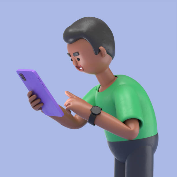 istock 3D illustration of smiling african american man David use smartphone. 3D rendering on blue background. 1414368678