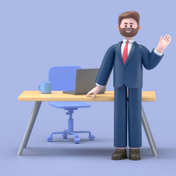 3D Illustration of smiling businessman Bob working on computer in workplace.3D rendering on blue background. 3D Illustration of smiling businessman Bob working on computer in workplace.3D rendering on blue background. wasting time stock pictures, royalty-free photos & images