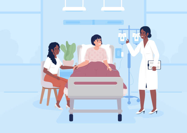 stockillustraties, clipart, cartoons en iconen met therapist visiting sick woman in ward flat color vector illustration - wijkverpleging