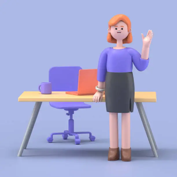 Photo of 3D illustration of smiling businesswoman Ellen working on computer in workplace.3D rendering on blue background.