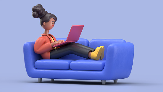 Ilustración en 3D de una mujer afroamericana sonriente acostada en el sofá naranja en el estudio azul y trabajando en una computadora portátil. Concepto de trabajo en casa. photo