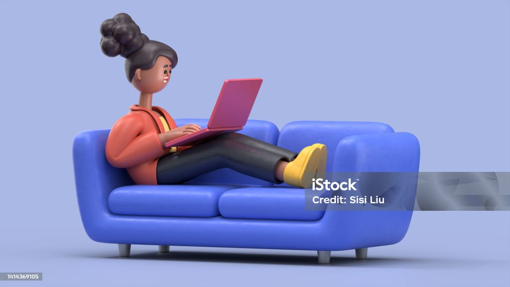 3D illustration of smiling african american woman lying on the orange couch at blue studio and work on laptop. Work at home concept. Stereoscopic Image Stock Photo