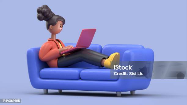 3d Illustration Of Smiling African American Woman Lying On The Orange Couch At Blue Studio And Work On Laptop Work At Home Concept Stock Photo - Download Image Now