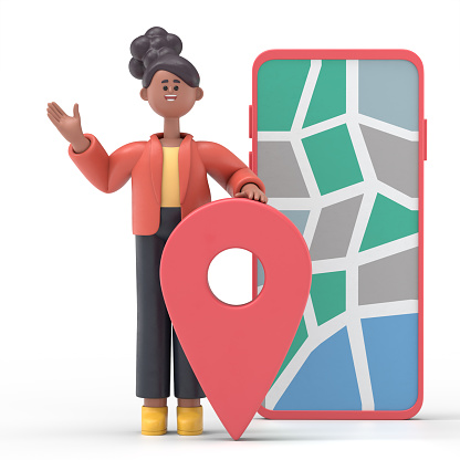 3D illustration of smiling african american woman marking locations on online city map on smartphone. Navigating, assignments, business concept.