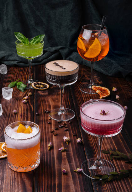 istock different colorful exotic alcoholic cocktails on wood 1414370499
