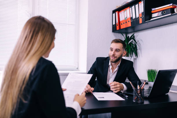 istock Successful job interview with boss and employee. businessman lis 1414371865