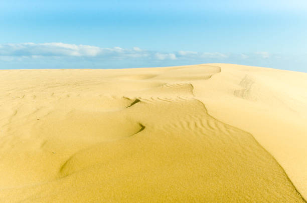 Sand dunes in a desert with blue sky and clouds in the background stock photo