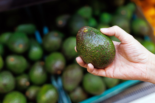Woman's hand choosing fresh avocados in supermarket. Concept of healthy vegetarian food.