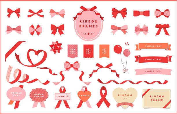 ribbon illustration, icon, and frame design set,red and pink collections. - sevimli illüstrasyonlar stock illustrations