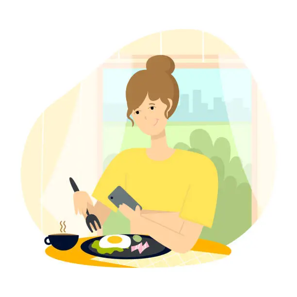 Vector illustration of Morning routine. A young woman has breakfast at home and takes pictures. Vector