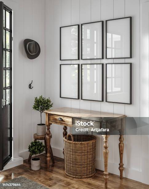 Frame Mockup At Home Farmhouse Hallway Interior Background Stock Photo - Download Image Now