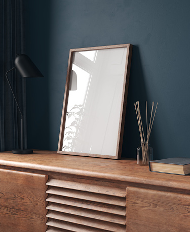 Mock-up frame in dark blue home interior with chest of drawers and decor, 3d render