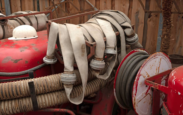 Fire hose of an old fire truck, selective focussed