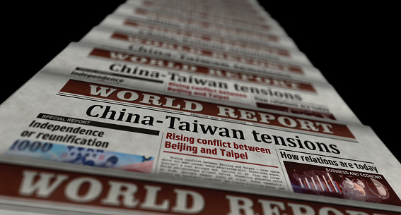 China and Taiwan tensions, conflict and crisis. Newspaper print. Vintage press abstract concept. Retro 3d rendering illustration.
