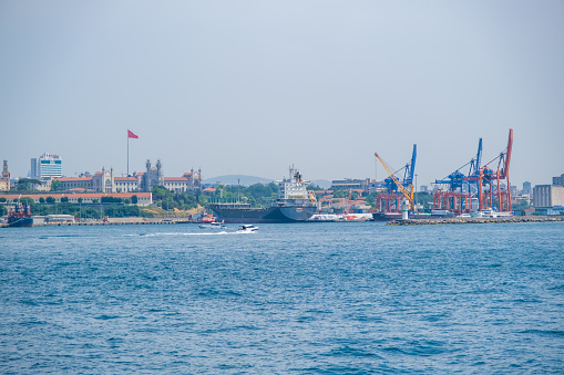 Istanbul, Turkey - May 29, 2022: View from water of Haydarpasa Port in Istanbul, Turkey. Terminal is main trading port in Asian side of the city. High quality photo