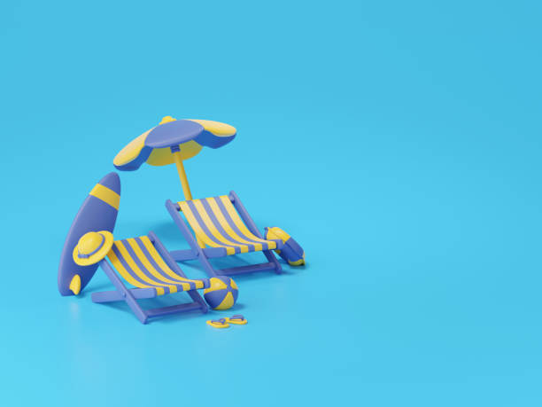 istock 3d rendering of beach chairs and umbrella on blue background, Summer concept. 1414383939