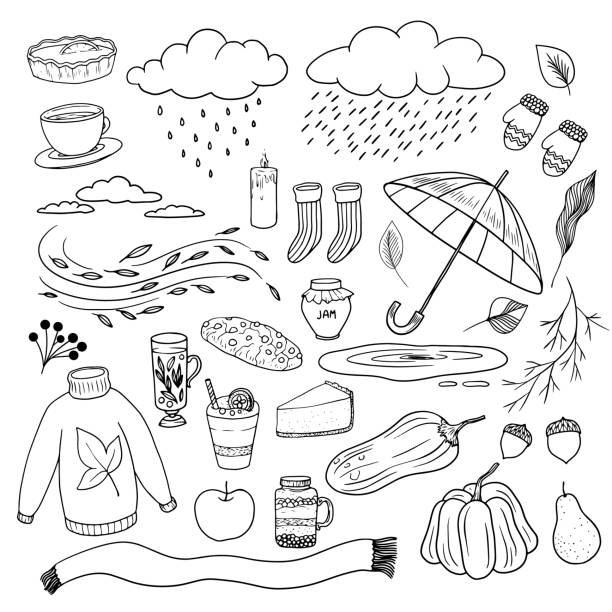ilustraciones, imágenes clip art, dibujos animados e iconos de stock de conjunto de elementos acogedores otoñales. calabaza, hojas, paraguas, bufanda, taza de té, calcetines - puddle