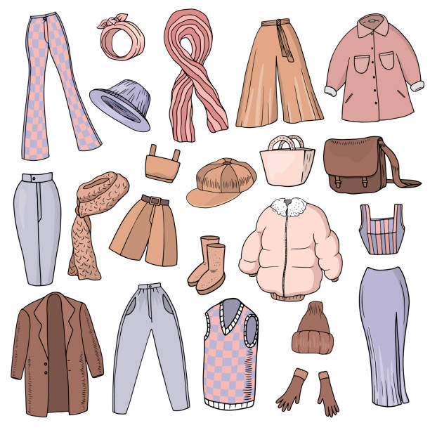 комплект одежды для женщины. коллекция зимних вещей. шарф, мамины джинсы, зимняя куртка - 1960s style clothing shirt jacket stock illustrations
