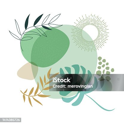 istock Floral leaves on abstract liquid shapes background 1414385726
