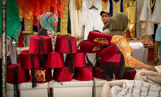 Traditional fez hats for sale in the Sunday Souk, a weeking market in Sousse, Tunisia.