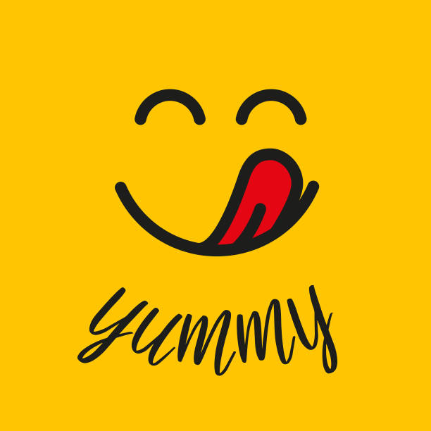 вкусная улыбка с облизыванием языка, вкусный, вкусный логотип еды. вкусная улыбка эмодзи лицо - готовый к употреблению stock illustrations