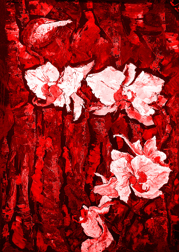 Artistic illustration modern work of art allegory of tenderness oil painting on canvas vertical landscape flowers of orchid on a bright background of plant leaves in red tones