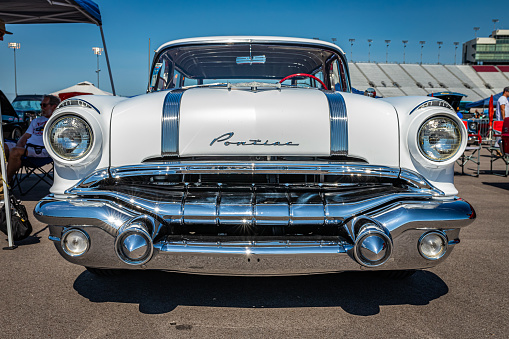 Lebanon, TN - May 13, 2022: Low perspective front view of a1956 Pontiac Safari Station Wagon at a local car show.