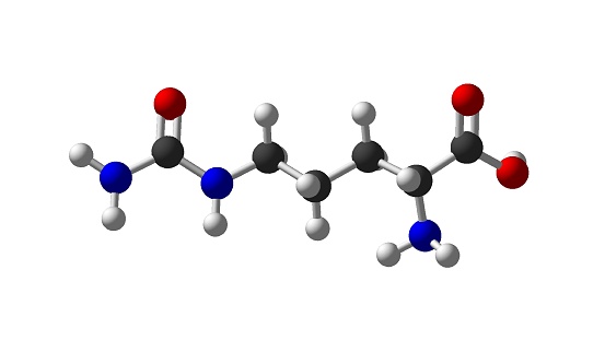The organic compound citrulline is an α-amino acid. Its name is derived from citrullus, the Latin word for watermelon. It can be used for 3d model atom atomic. background biochemistry biotechnology. black c6h6 carbon chemical chemistry compound cyclic double. bond education ethane hydrocarbon hydrogen illustration. isolated model molecular molecule structure nucleus organic oxygen. research science scientific single sphere structural formula. study substance symbol three dimensional white iupac name.