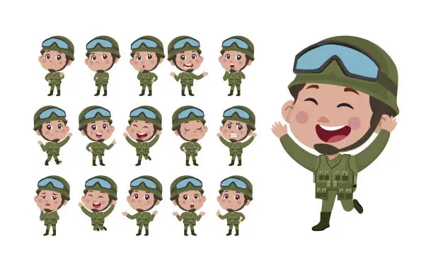 Vector illustration of Set of army soldiers man in uniform with difference action