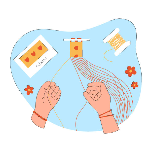 Process of weaving of DIY friendship bracelet Process of weaving of DIY friendship bracelet. Hands make a wristband from threads according to the scheme friendship bracelets hands stock illustrations
