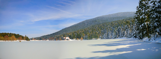 GOLCUK NATURE PARK in Bolu, Turkey. (Turkish: Golcuk Tabiat Parki). Beautiful winter landscape at Golcuk Lake.