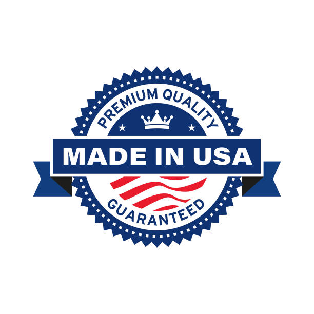 illustrazioni stock, clip art, cartoni animati e icone di tendenza di realizzato negli stati uniti d'america con bandiera usa. badge di qualità per il design del pacchetto premium certificato negli stati uniti - usa made in the usa industry striped