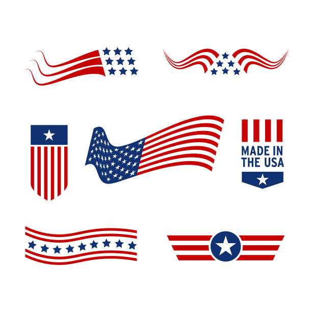 메이드 미국 라벨 세트, 미국 제품 엠블럼 - star shape striped american flag american culture stock illustrations