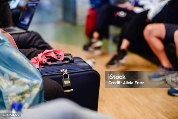 Blue Suitcase With A Pink Bow And A Metallic Padlock Stock Photo - Download Image Now