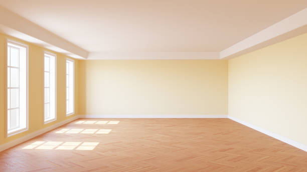 istock Empty Sunny Interior Room with Beige Walls, Three Large Windows, White Cornice 1414394317