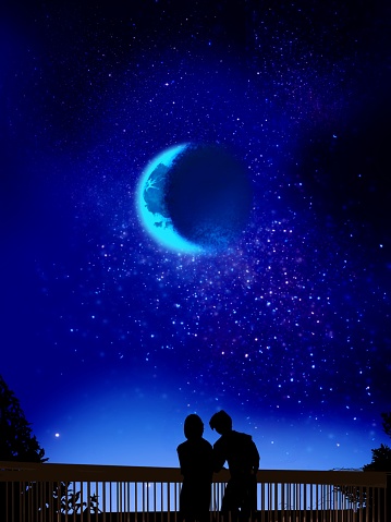 monochrome silhouette illustration of couple cuddling on bridge with stars and moon shining in night sky landscape background