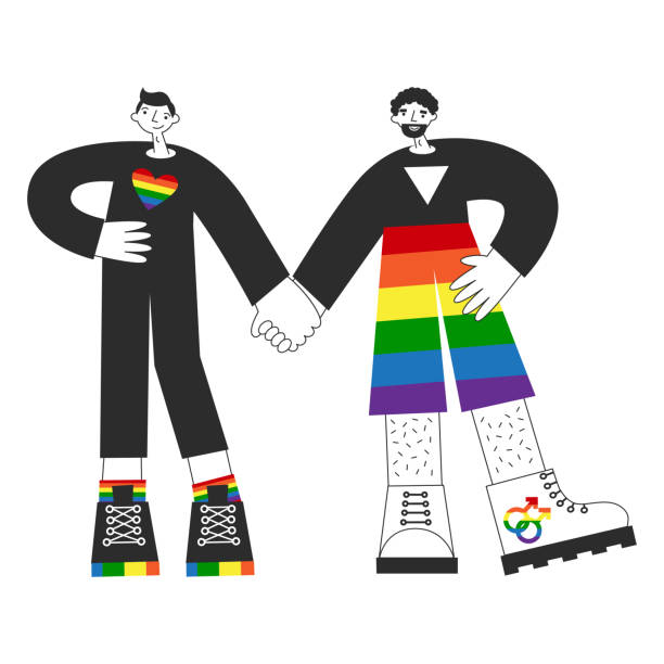 ilustraciones, imágenes clip art, dibujos animados e iconos de stock de pareja gay cogida de la mano con bandera arcoíris, símbolos lgbtq. visibilidad, conciencia, igualdad, orgullo y derechos de los hombres homosexuales queer. concepto de amor y matrimonio entre personas del mismo sexo aislado vector plano ilustración. - rainbow gay pride homosexual homosexual couple