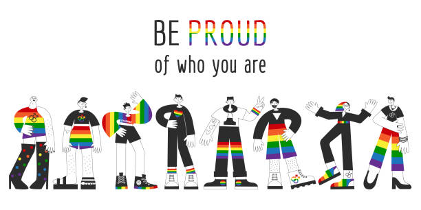 grupa gejów z tęczową flagą, symbolami lgbtq. homoseksualni queerowi mężczyźni widoczność, świadomość, równość, duma i prawa koncepcja izolowana wektorowa płaska ilustracja. - rainbow gay pride homosexual homosexual couple stock illustrations