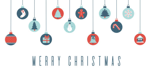 Banner with hanging Christmas balls on a white background. Merry Xmas and Happy New Year baubles garland with holiday symbols and elements. Vector flat illustration. Garland of Christmas baubles on a white background with wishes. Ball have Xmas elements and symbols. christmas tree ornaments stock illustrations