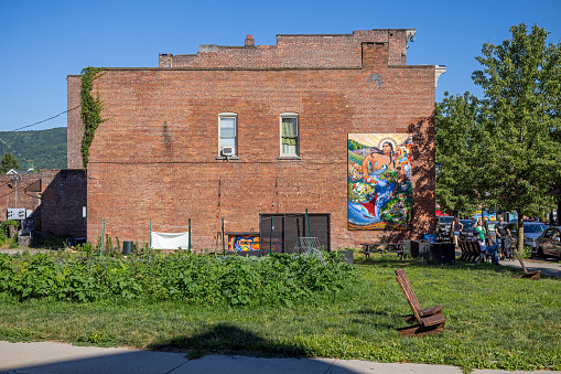 Beacon, Dutchess County, New York, NY, USA - July 3 2022: Small brownstone residential detached house with a political painting on the gable and a small vegetable field in front in a suburb to New York on a sunny summers day